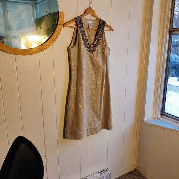 Linen Dress, Shimmering Beige Fabric and Beading at  V-neck, side zipper, Sz 6 - Picture 3 of 8